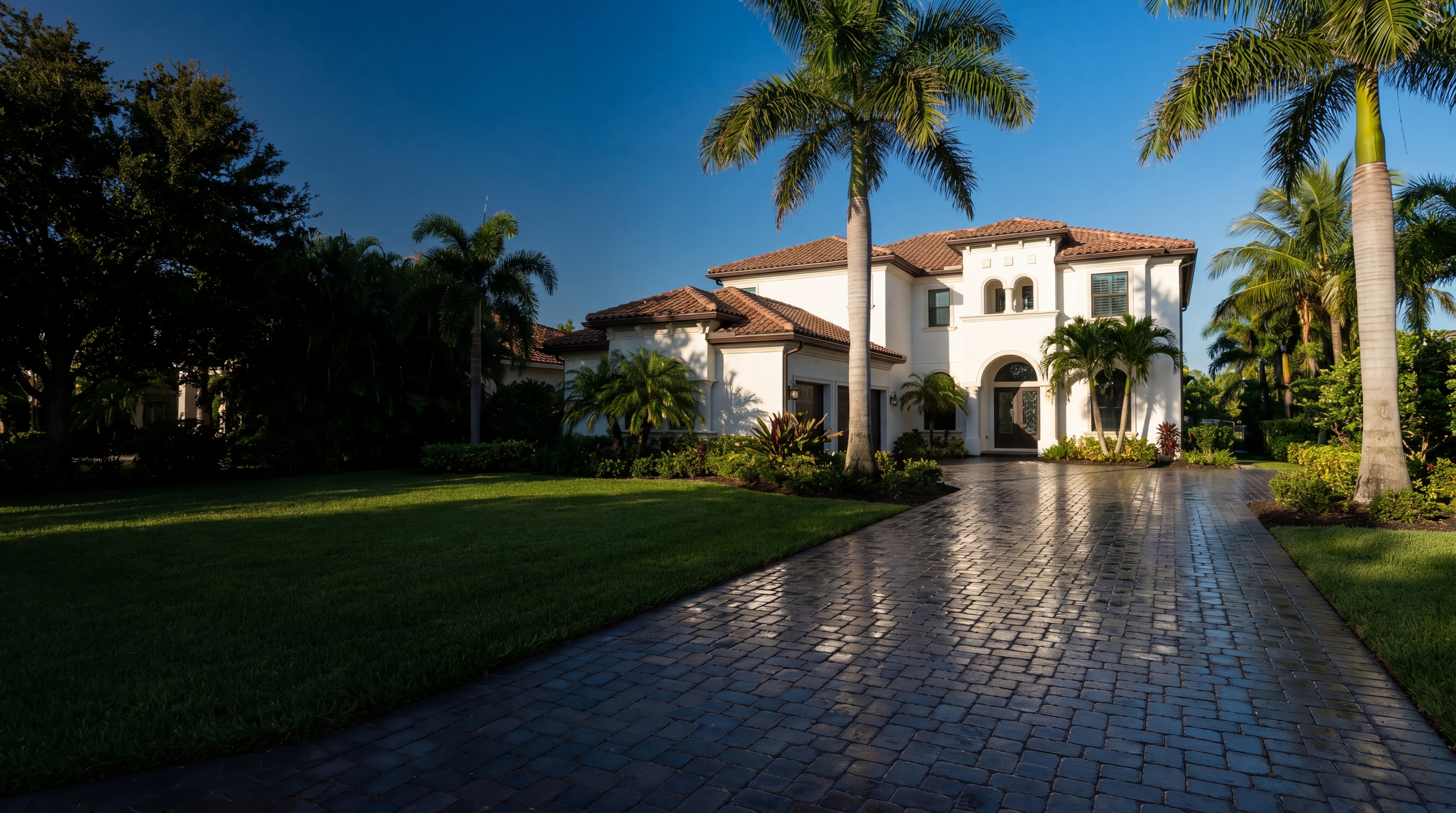 High-end coastal Florida home with freshly cleaned paver driveway